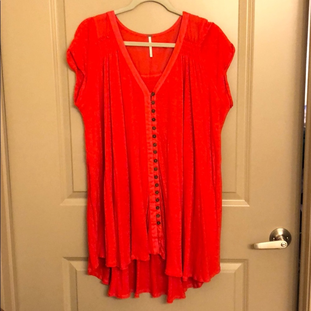 Free People Red Button Down Tunic Top Size M